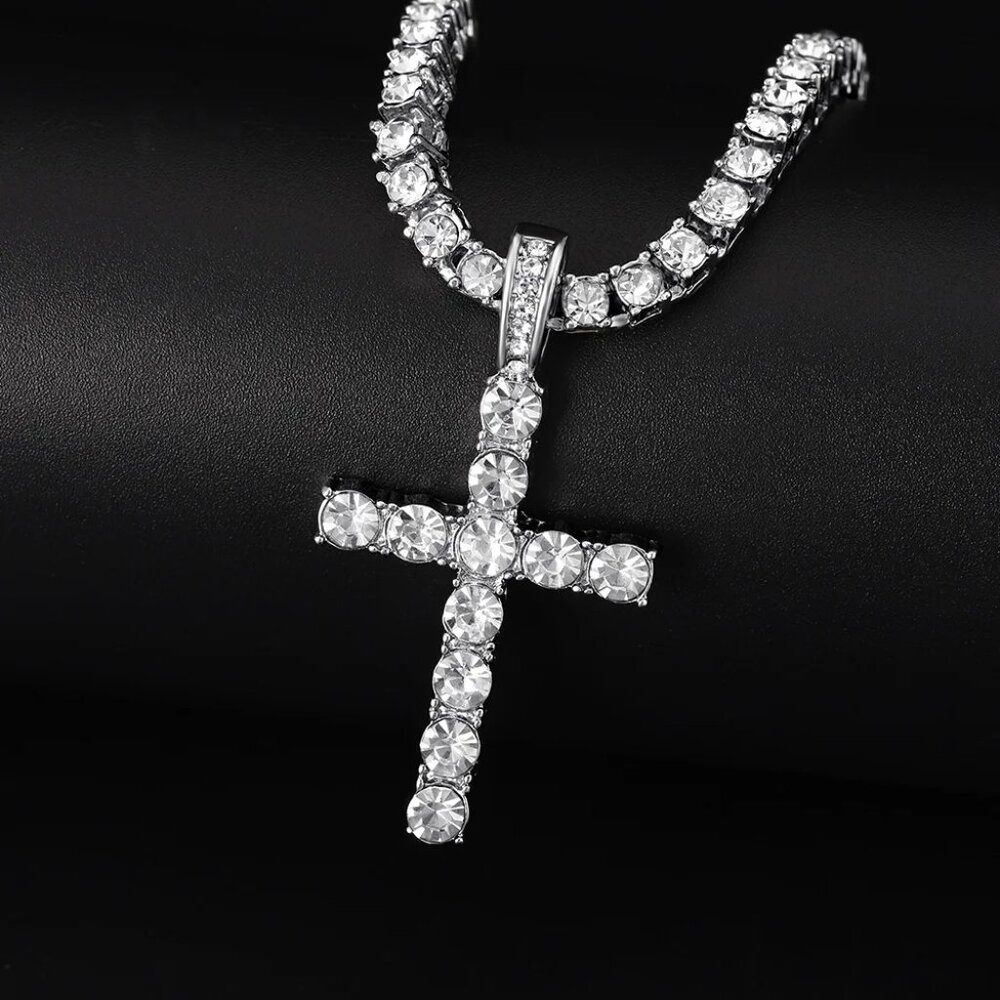 ⭐ 2PC 24" Diamond Hip Hop Necklace and Cross Pendant With 4mm Diamonds ⭐ - Picture 3 of 11